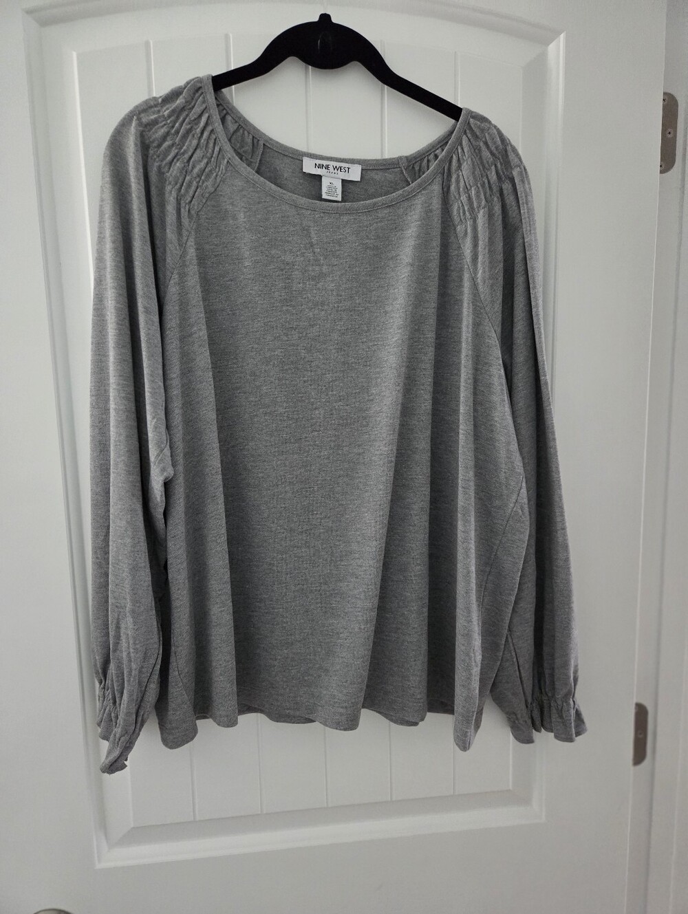 Nine West Light Grey Long Sleeve Ruched Shoulder Top